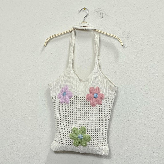 Floral Embroidered Crochet Tote Bag