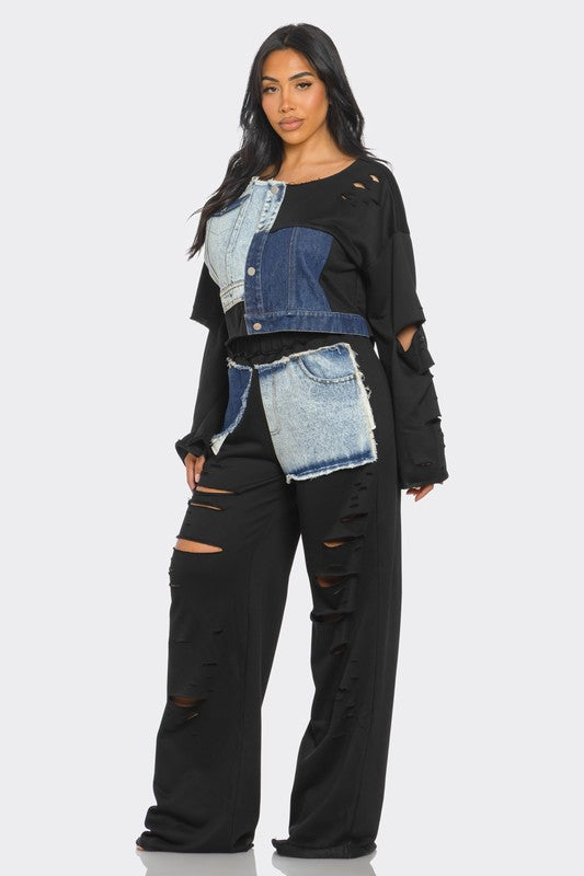 Distressed Denim Patchwork Set