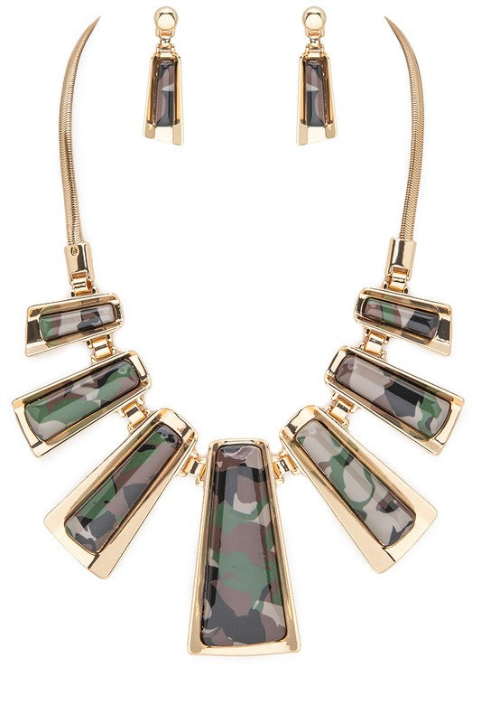 Metal Wrapped Resin Bars Statement Necklace Set