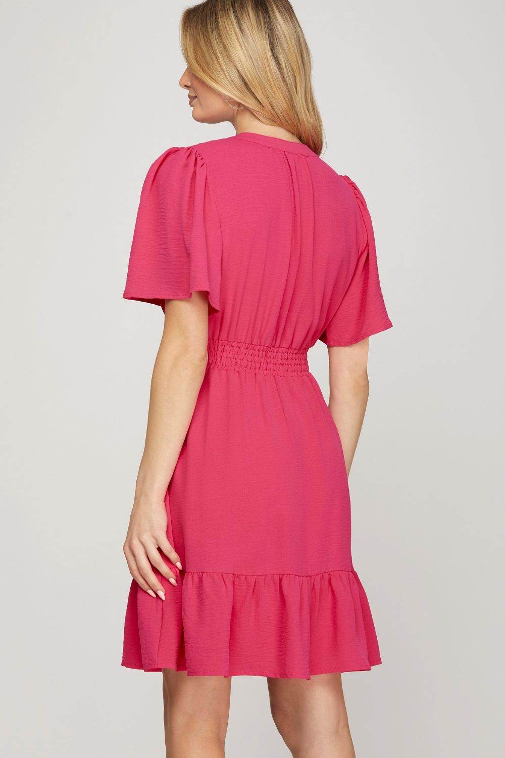 She + Sky Ruffled Hem Notched Flutter Sleeve Mini Dress