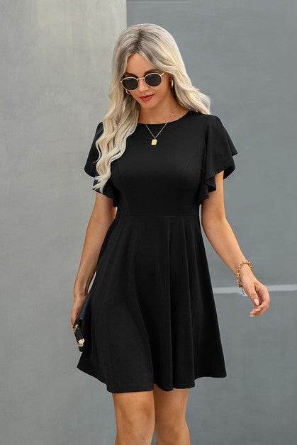 Elegant Solid Crew Neck Butterfly Sleeve Slim Dres