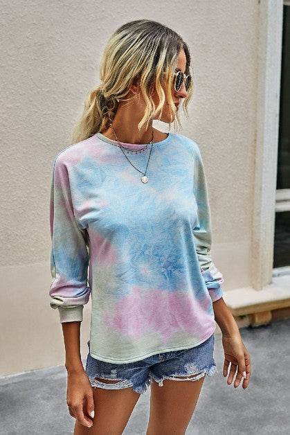 Round Neck Tie Dye Open Back Loose Sweatshirt