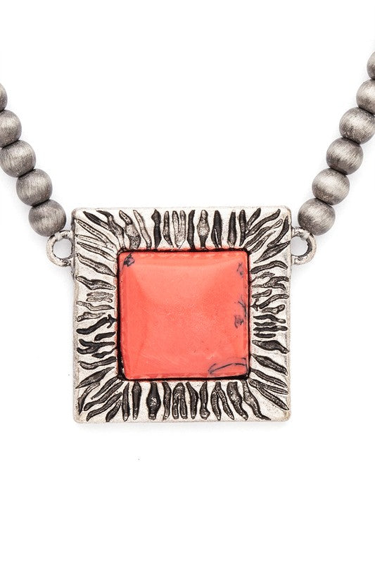 Square Stone Pendant Beads Collar Necklace