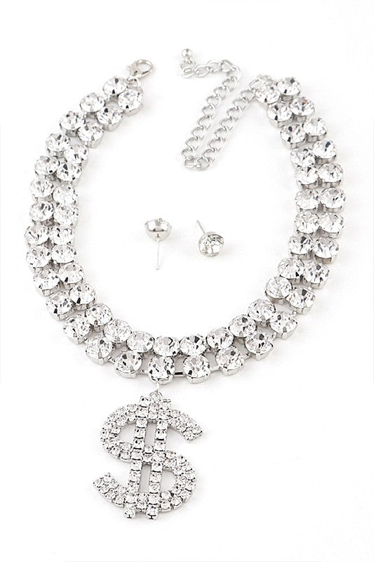 Dollar Sign Pendant Rhinestone Choker Necklace Set