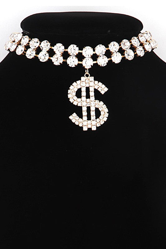 Dollar Sign Pendant Rhinestone Choker Necklace Set