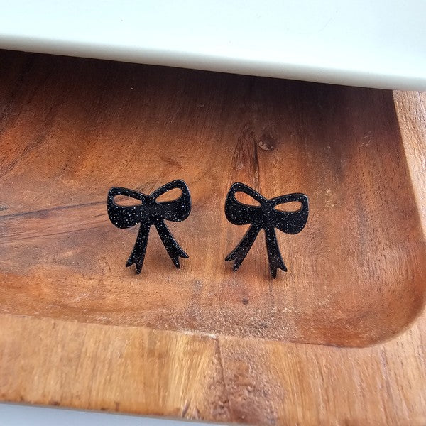 Bow Studs - Black Glitter