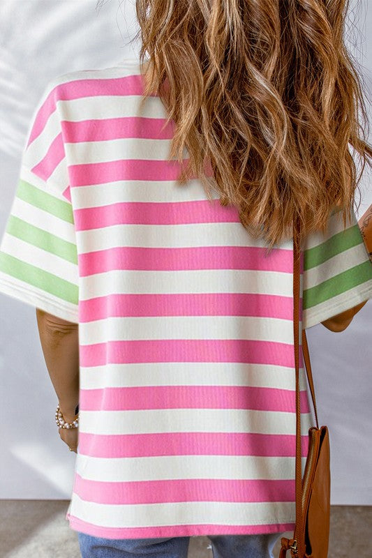 Women Stripe Contrast Patch Drop Sleeve T Shirt