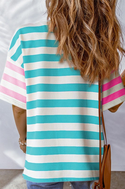 Women Stripe Contrast Patch Drop Sleeve T Shirt