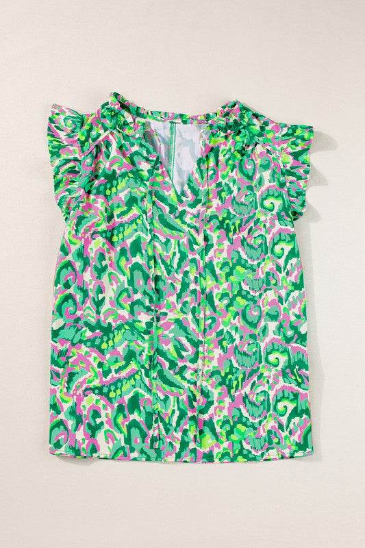 Women Ruffled Trim Tied Split Neck Tank Top
