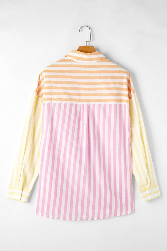 Women Stripe Collar Long Sleeve Patchwork Shirt