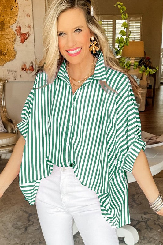 Women Stripe Dolman Sleeve Oversize Shirt