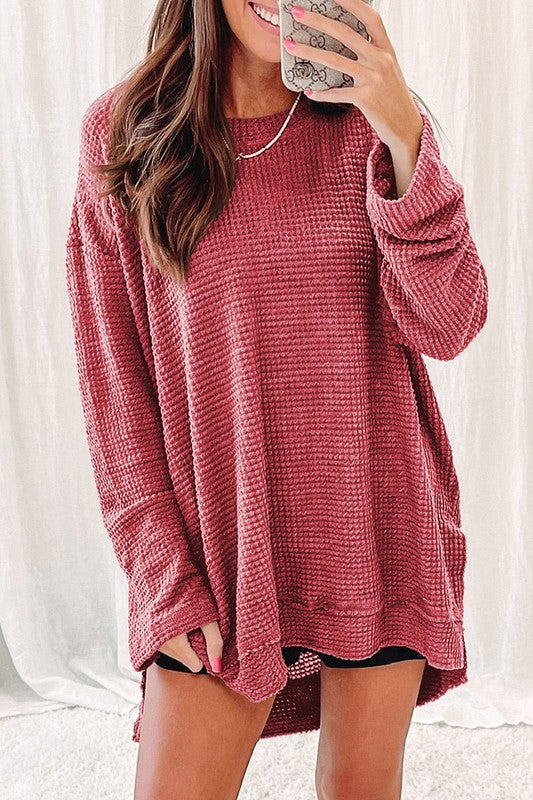 Women Waffle Knit High Slits Oversized Top