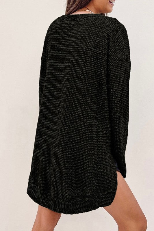 Women Waffle Knit High Slits Oversized Top