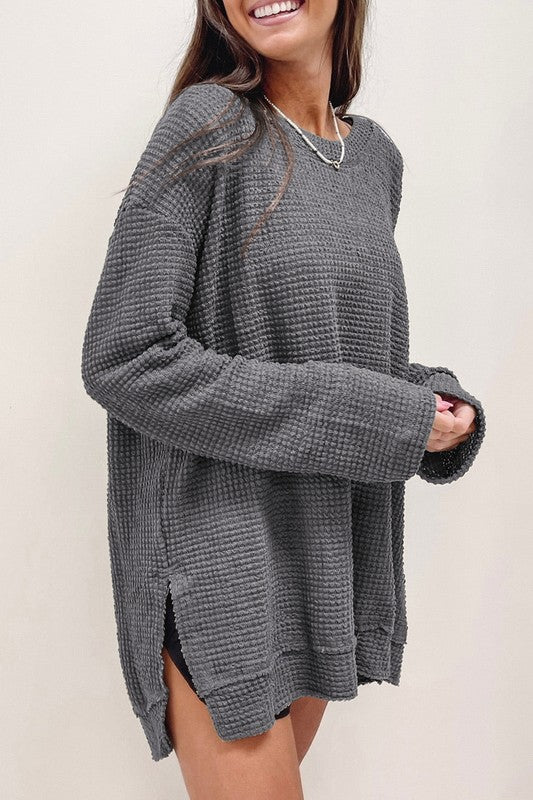 Women Waffle Knit High Slits Oversized Top