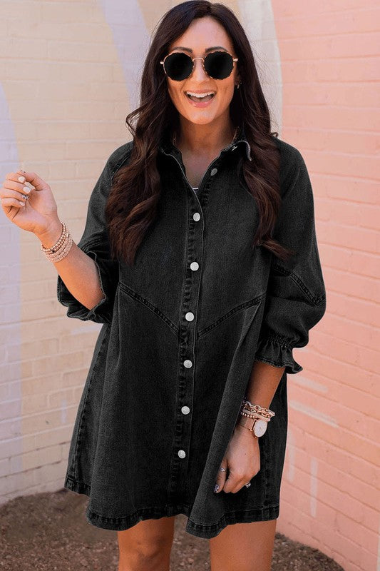Women Buttoned Long Sleeve Denim Mini Dress