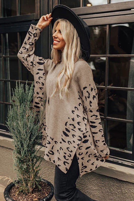 Women Leopard High Neck Oversized Sweater