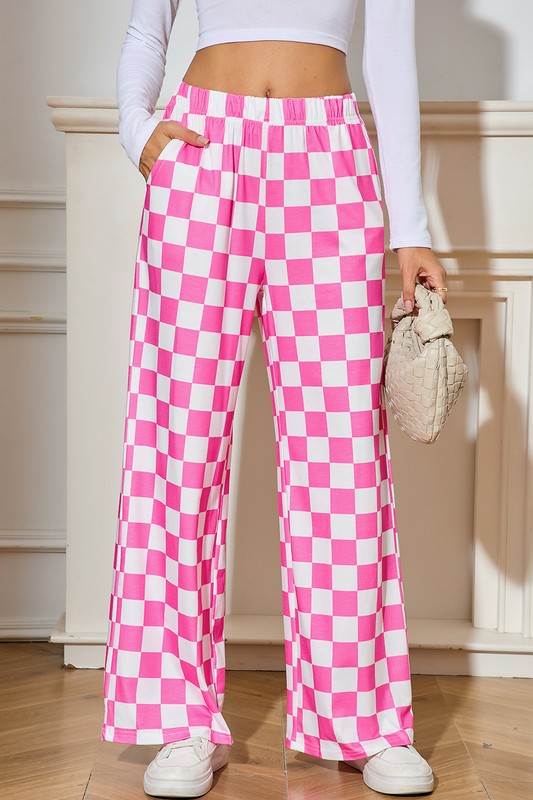 Checked Print High Waist Wide Leg Pants