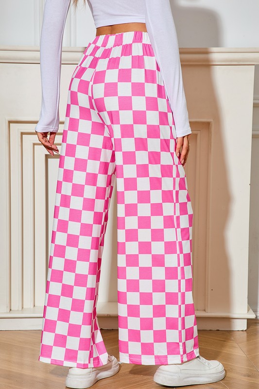 Checked Print High Waist Wide Leg Pants