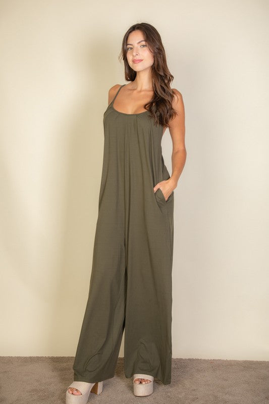 Spaghetti strap solid wide jumpsuit