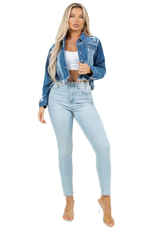 WOMEN FASHION CROP DENIM TRUCKER JACKET