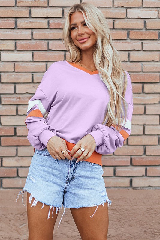 Women Knit Drop Shoulder V Neck Sweatshirt