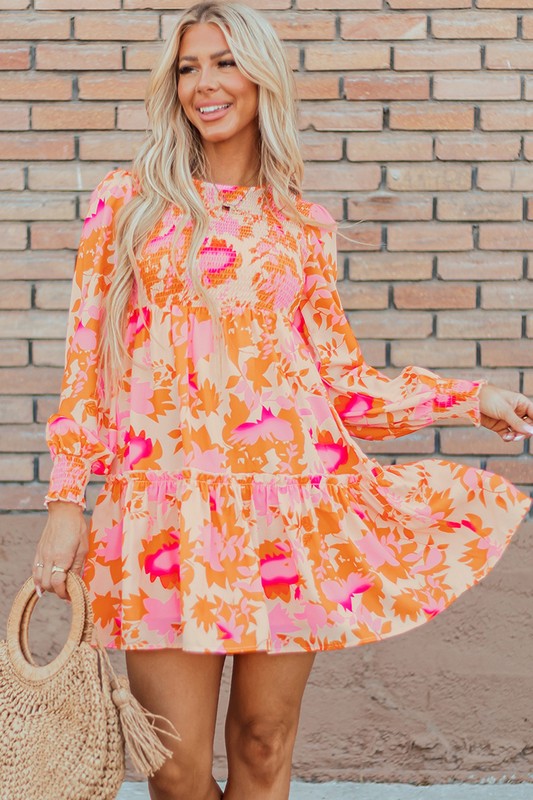 Women Smocked Lantern Sleeve Ruffle Mini Dress