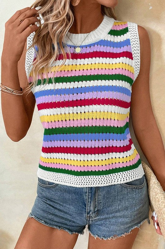 Women Striped Knitted Eyelet Slim Sweater Vest