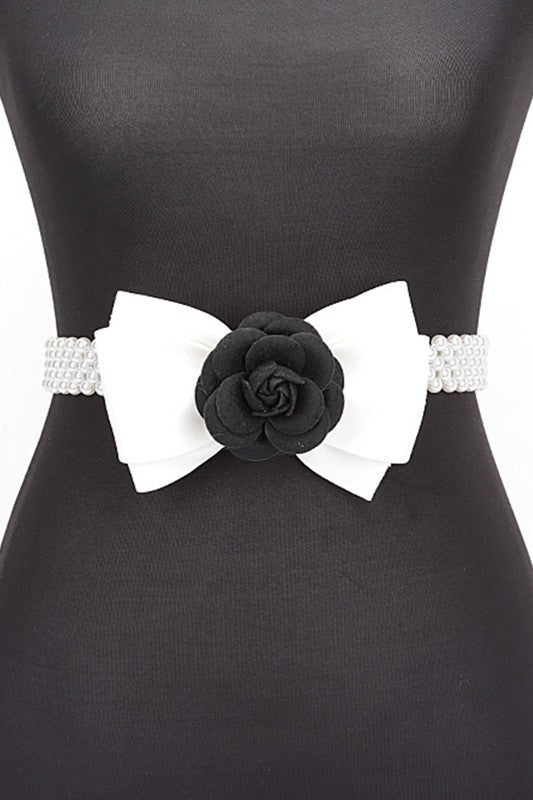 Camellia Rose Flower Ribbon Pearl Stretch Belt