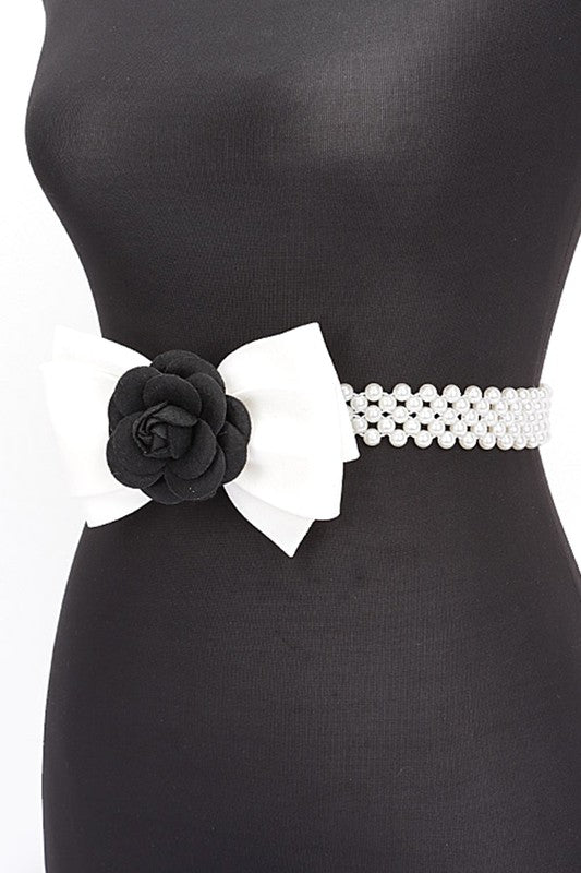 Camellia Rose Flower Ribbon Pearl Stretch Belt