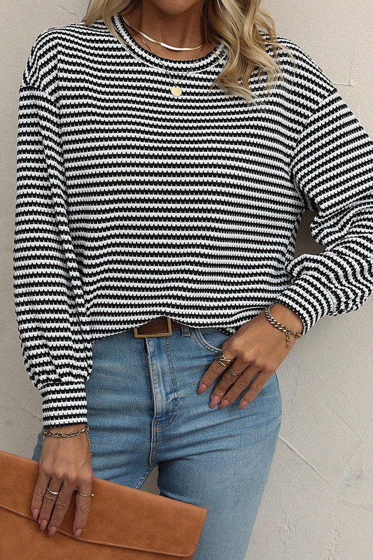 Striped Round Neck Drop Shoulder Long Sleeve Top