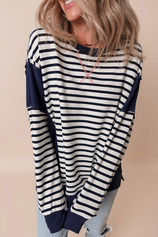 Stripe Patchwork Exposed Seam Loose Fit Sweatshirt