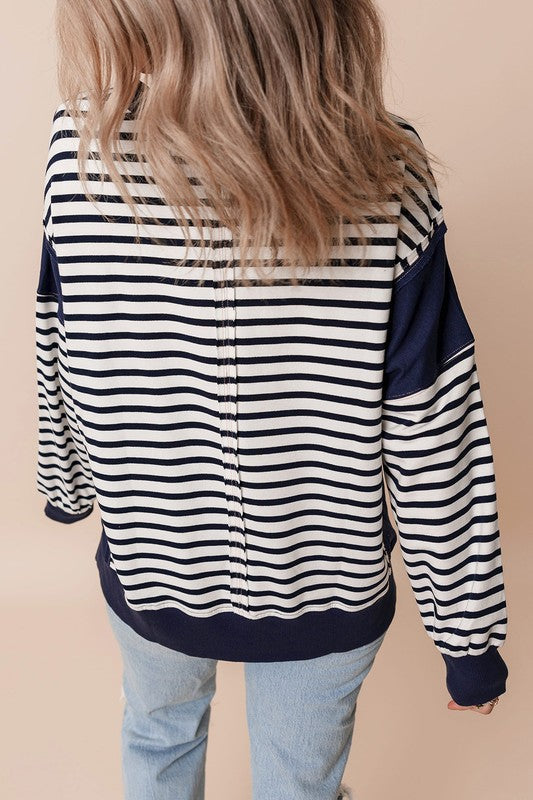 Stripe Patchwork Exposed Seam Loose Fit Sweatshirt