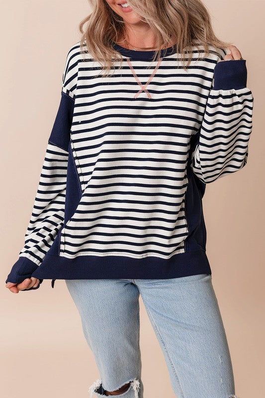 Stripe Patchwork Exposed Seam Loose Fit Sweatshirt