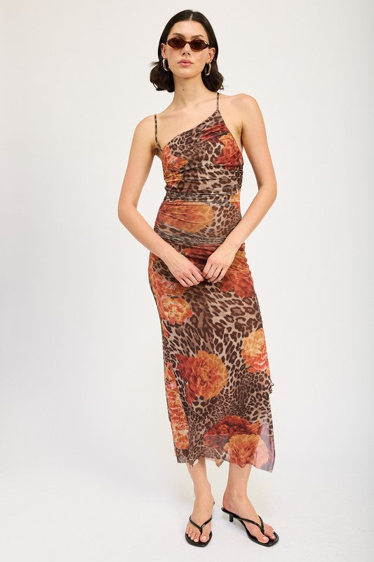 MESH PRINTED ONE SHOULDER MAXI DRESS