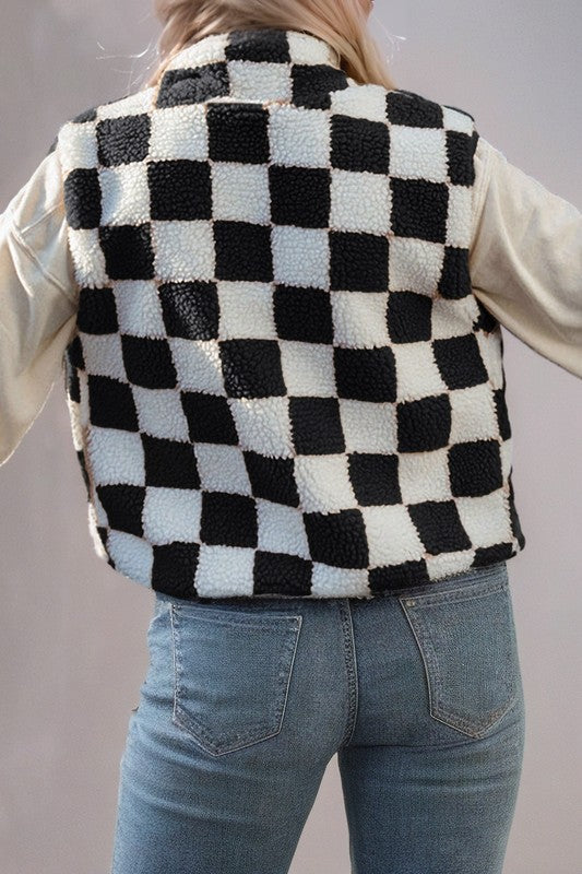 Checkered Sherpa Collared Jacket Vest