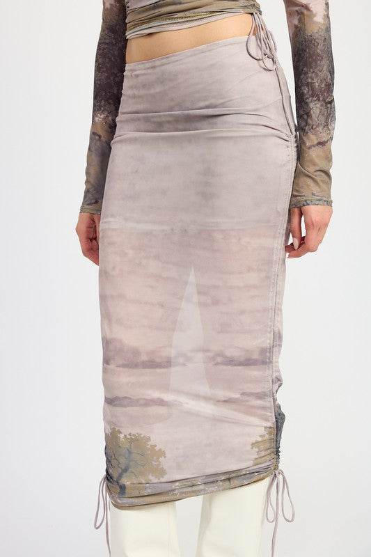 RUCHED MIDI SKIRT WITH DRAWSTRINGS