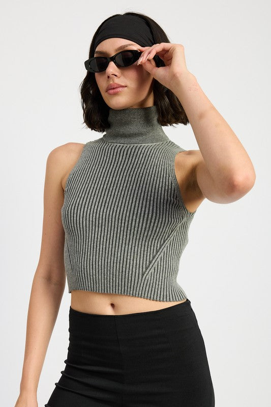 TURTLE NECK RIBBED SLEEVELESS TOP