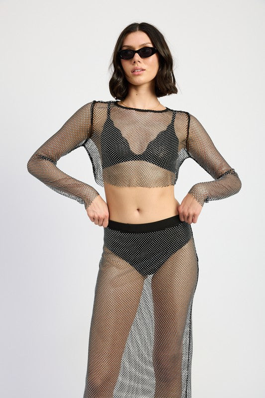 RHINESTONES MESH CROPPED COP