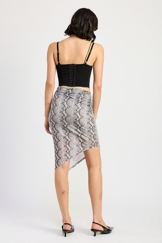 PRINTED ASYMMETRICAL MESH MIDI SKIRT