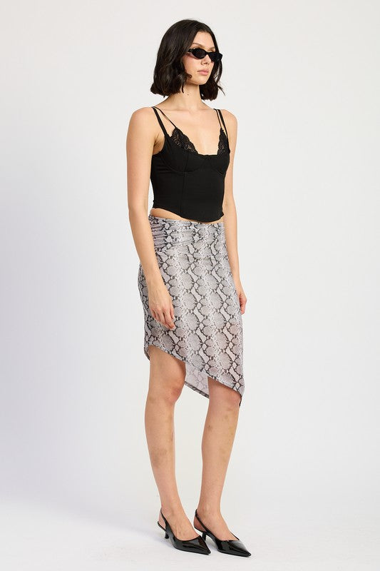 PRINTED ASYMMETRICAL MESH MIDI SKIRT