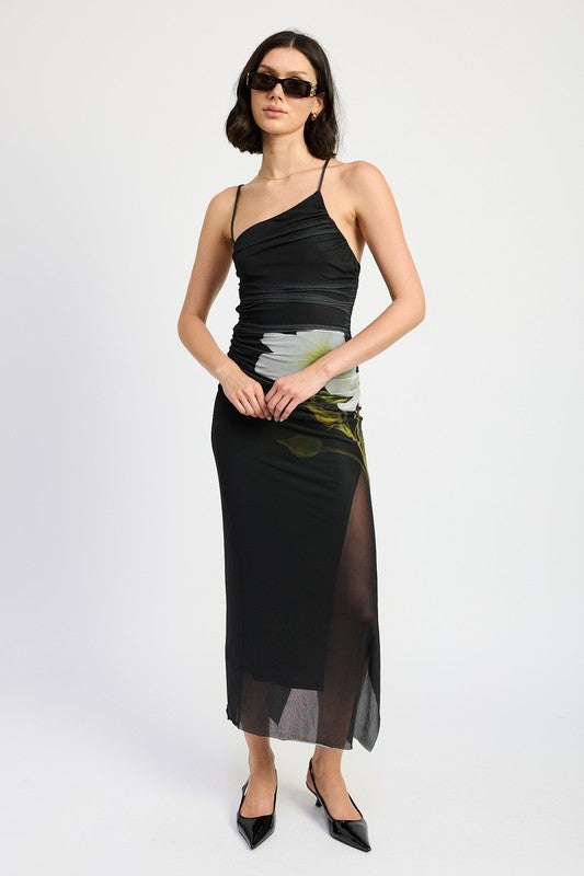 ONE SHOULDER RUCHED MAXI DRESS WITH SLIT