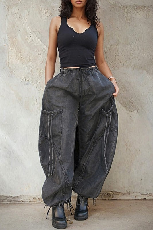 Urban Chic Drawstring Denim Cargo Pants