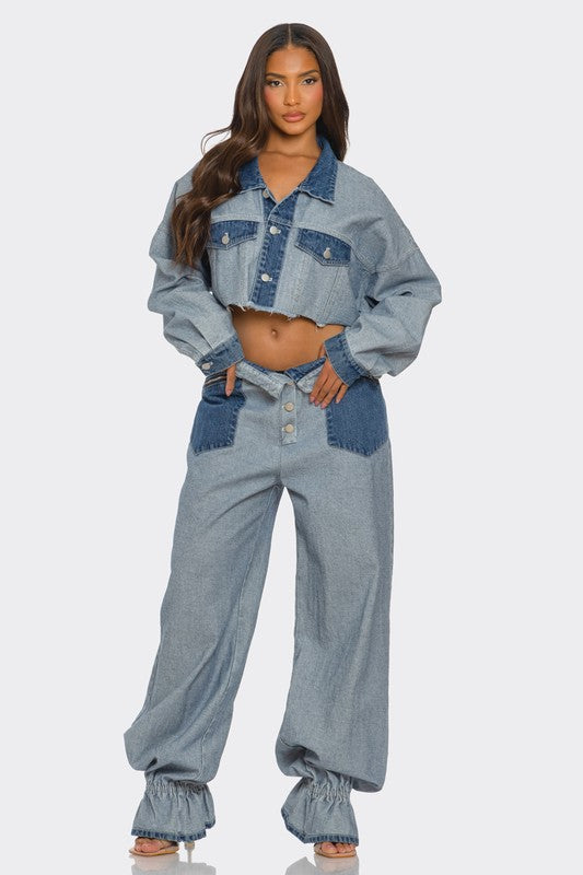 Cropped Contrast Denim Set