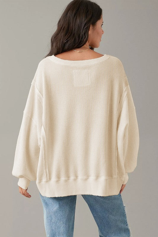 Waffle Knit Bishop Sleeve Oversized Sweatshirt