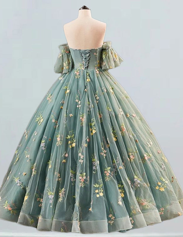Floral Lace Ball Gown with Detachable Sleeves, Strapless Prom & Party Evening Dress