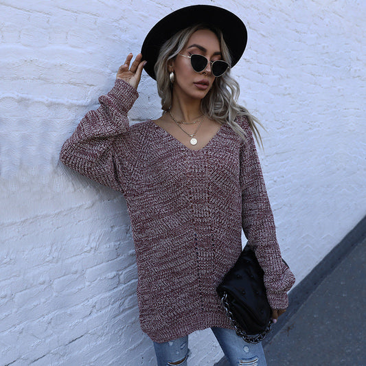 Autumn Casual Women Wear Mid Length Mixed Color Long Sleeve Loose V neck Sweater