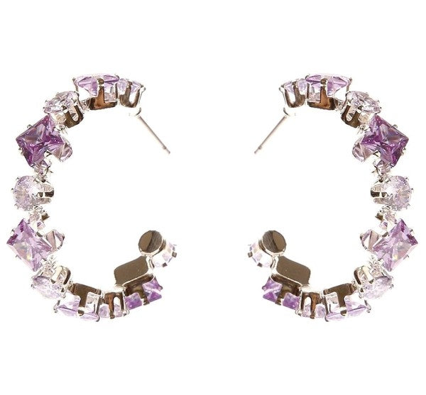 Square Circle Crown Halo CZ Hoop Earrings