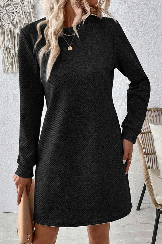 Women Solid Color Textured Long Sleeve Shift Dress