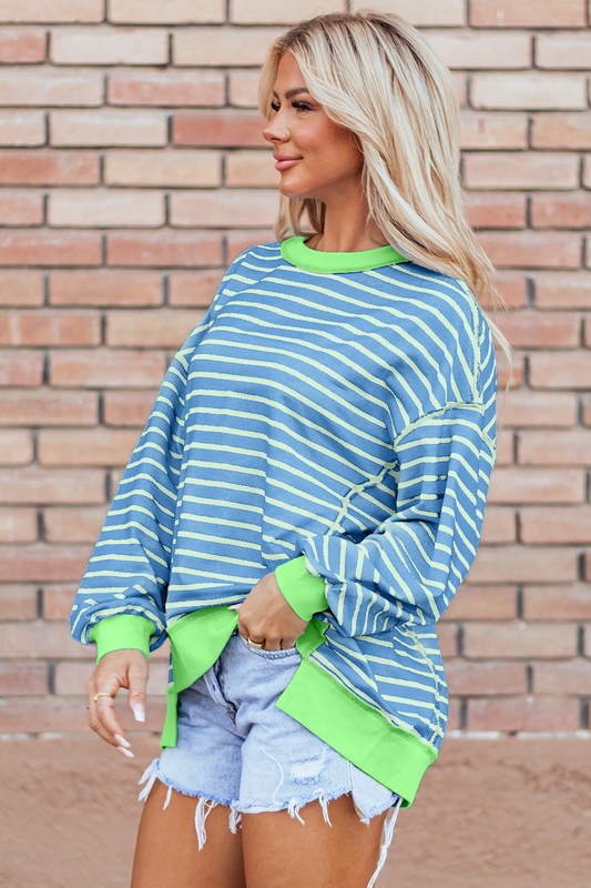 Stripe Contrast Trim High Low Pullover Sweatshirt