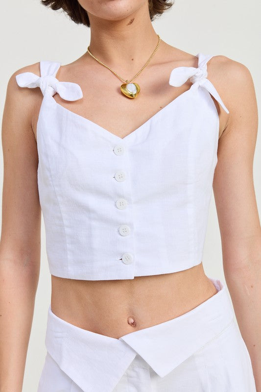 BUTTON UP CROPPED TOP WITH SHOULDER TIES